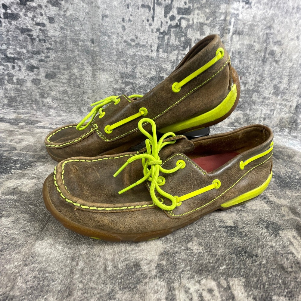 Twisted X Mens 10M Driving Mocs Leather Brown Neon Green Casual Loafers Shoes